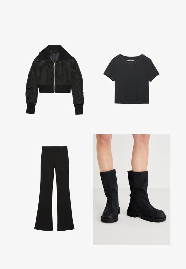 Czarna krótka kurtka bombowa z zamkiem z przodu, szerokim kołnierzem i ściągaczami, o gładkiej, błyszczącej teksturze i pikowanym designie.; Czarny skrócony t-shirt wykonany z prążkowanej tkaniny. Posiada okrągły dekolt i krótkie rękawy. Prosty fason bez wzorów czy akcentów.; Czarne spodnie z rozszerzanymi nogawkami wykonane z gładkiej tkaniny, z taliowanym stanem średniej wysokości i kieszeniami po bokach, o czystej, dopasowanej sylwetce.; Czarne kozaki do kolan wykonane z gładkiego materiału tekstylnego, z grubą gumową podeszwą, charakteryzujące się minimalistycznym wzornictwem i subtelnymi szwami.