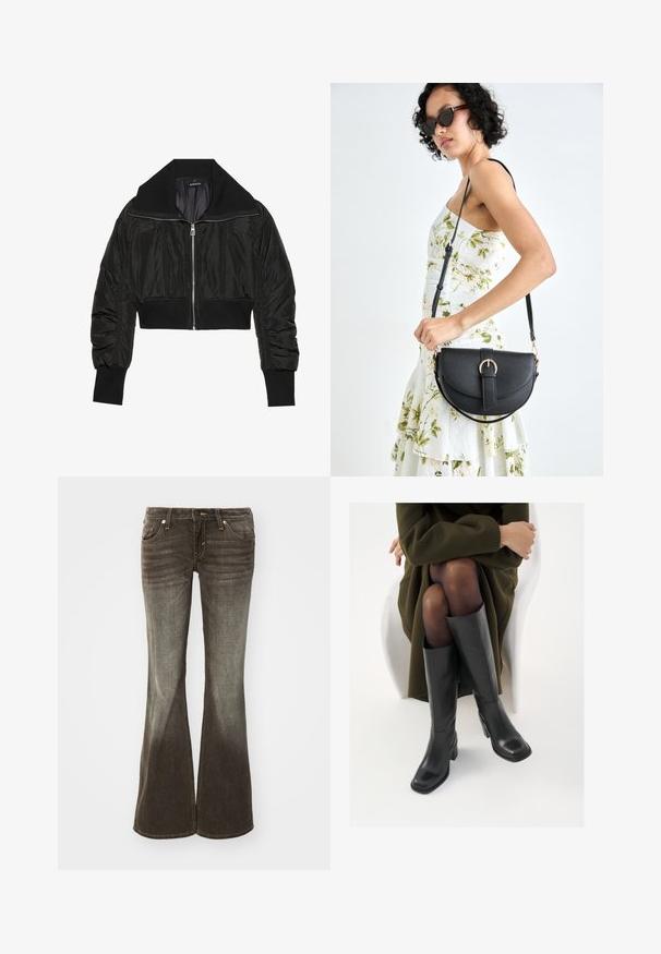 Schwarze, cropped Bomberjacke mit Reißverschluss vorne, breitem Kragen und gerippten Bündchen, mit glatter, glänzender Textur und gepolstertem Design.; Weißes T-Shirt mit kurzen Ärmeln aus weichem Baumwollstoff, mit einem runden Ausschnitt und lässigem Schnitt mit geradem Saum, schlicht ohne Muster oder Grafiken.; Ausgestellte Jeans aus dunkelgrauem Stoff mit einem verwaschenen Finish. Verfügt über fünf Taschen, Frontknopfverschluss und subtile Nähte.; Knöchelhöhe schwarze Lederstiefel mit quadrater Spitze und Blockabsatz, gezeigt mit einem Modell, das einen olivgrünen Mantel trägt. Glatte Textur, minimale Details.; Schwarze Lederhandtasche mit geschwungener Form, abnehmbarem Tragegurt und goldenen Beschlägen. Die Tasche verfügt über einen Deckel mit einer Schnallen-Details.