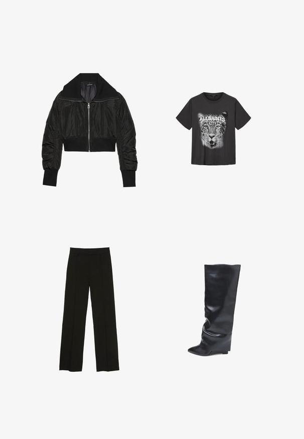 Jachetă bomber neagră croppată, cu fermoar în față, guler lat și manșete cu nervuri, având o textură netedă și lucioasă și un design căptușit.; Tricou negru din bumbac, cu o grafică mare și detaliată a unui tigru poziționată central pe față, cu textul "ALLSAINTS" scris cu litere albe îndrăznețe.; Pantaloni largi negri, confecționați dintr-un material fin, cu un talie ajustată și pliuri frontale subtile pentru un plus de textură.; Bata Cizme cu talpă ortopedică - nero
