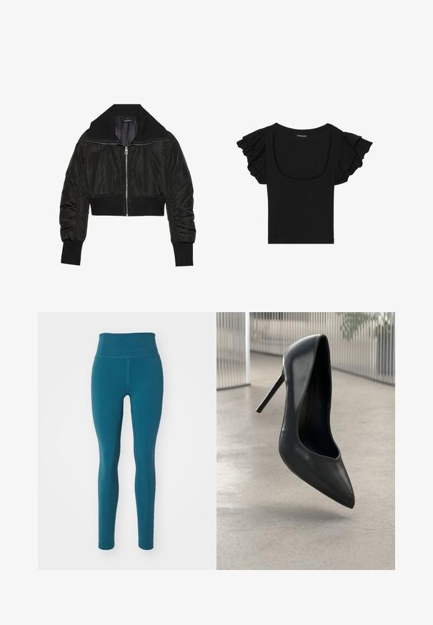 Jaqueta bomber cropped preta com fecho zip, gola larga e punhos canelados, com uma textura suave e brilhante e design acolchoado.; Top preto de manga curta com mangas em babados, apresentando um decote largo e uma silhueta ajustada. Feito de um tecido leve e elástico.; Girlfriend Collective FLOAT LEGGING LONG - Leggings - dark ixia; Sandalha de salto alto em couro preto com bico pontiagudo, design elegante e sem hardware visível. Textura suave e estilo minimalista.