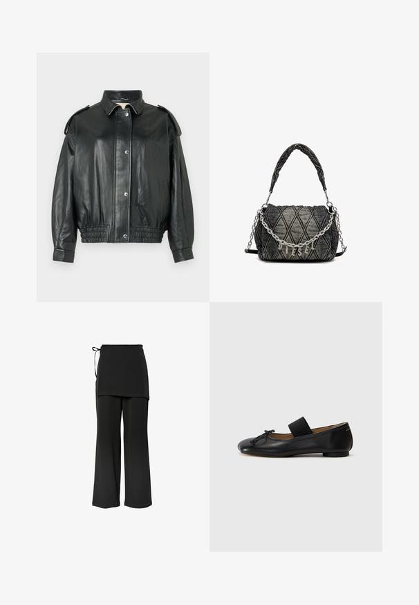 Černá kožená bunda s klasickým límečkem, zapínáním na patenty, bočními kapsami a nařaseným elastickým pasem. Obsahuje akcentované ramena.; VILA VIVIGGA CONTRAST - Svetr - dark grey/black; Černé kalhoty s širokými nohavicemi a vrstveným designem, s bočním zavázáním. Vyrobené z jemné, hladké tkaniny, s jednoduchým a čistým střihem.; Černé kožené baleríny s kulatou špičkou, malou mašlí a elastickým páskem přes nárt pro bezpečné uchycení. Rovná podešev.; Prošívaná džínová kabelka ve tmavě šedé barvě, se řetězovým popruhem a metalickým logem "DIESEL". Kompaktní, obdélníkový tvar, strukturální povrch.
