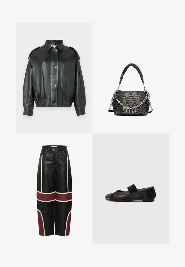 Zwarte leren jas met een klassieke kraag, drukknoopsluiting, zijzakken en een elastische tailleband met rimpels. Bevat schouderaccenten.; VILA VIVIGGA CONTRAST - Trui - dark grey/black; Zwarte wijde leren broek met witte verticale strepen en horizontale wijnrode gestikte panelen boven de knieën en op de onderbenen.; Zwarte leren balletschoenen met een ronde neus, een klein knoopdetail en een elastische band over de wreef voor een stevige pasvorm. Platte zool.; Gequilted denim handtas in donkergrijs, met een kettinglink schouderriem en een metalen "DIESEL" logo. Compacter, rechthoekige vorm, gestructureerd oppervlak.