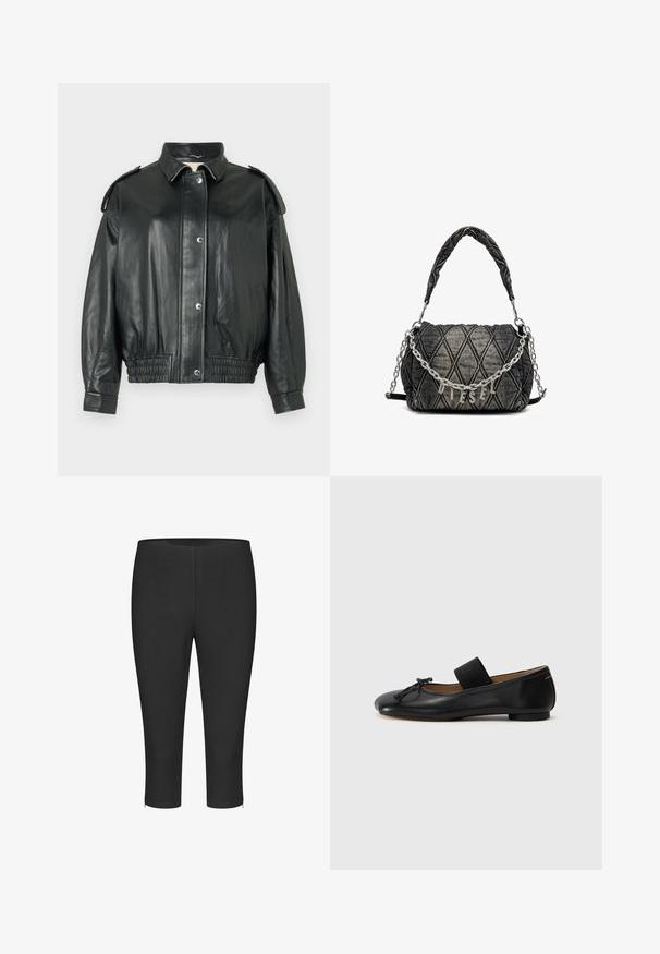 Giubbotto in pelle nera con colletto classico, chiusura a bottoni a pressione, tasche laterali e vita elasticizzata arricciata. Presenta dettagli sulle spalle.; VILA VIVIGGA CONTRAST - Maglione - dark grey/black; Leggings neri a vita alta realizzati in tessuto elasticizzato, con una finitura liscia e dettagli con zip laterali all'orlo per una maggiore funzionalità.; Ballerine in pelle nera con punta arrotondata, un piccolo dettaglio a nodo e una fascia elastica sopra il piede per una calzata sicura. Suola piatta.; Borsa in denim trapuntato di colore grigio scuro, con tracolla a catena e logo metallico "DIESEL". Forma compatta e rettangolare, superficie testurizzata.