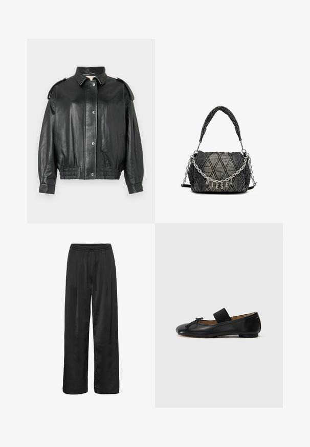 Black leather jacket with a classic collar, snap-button closure, side pockets, and gathered elastic waistband. Features shoulder accents.; VILA VIVIGGA CONTRAST - Jumper - dark grey/black; Black wide-leg pants made of smooth, shiny fabric. Features an elastic waistband with a drawstring for adjustable fit.; Black leather ballet flats with a rounded toe, a small knot detail, and an elastic strap across the instep for a secure fit. Flat sole.; Quilted denim handbag in dark gray, featuring a chain link strap and a metallic "DIESEL" logo. Compact, rectangular shape, textured surface.