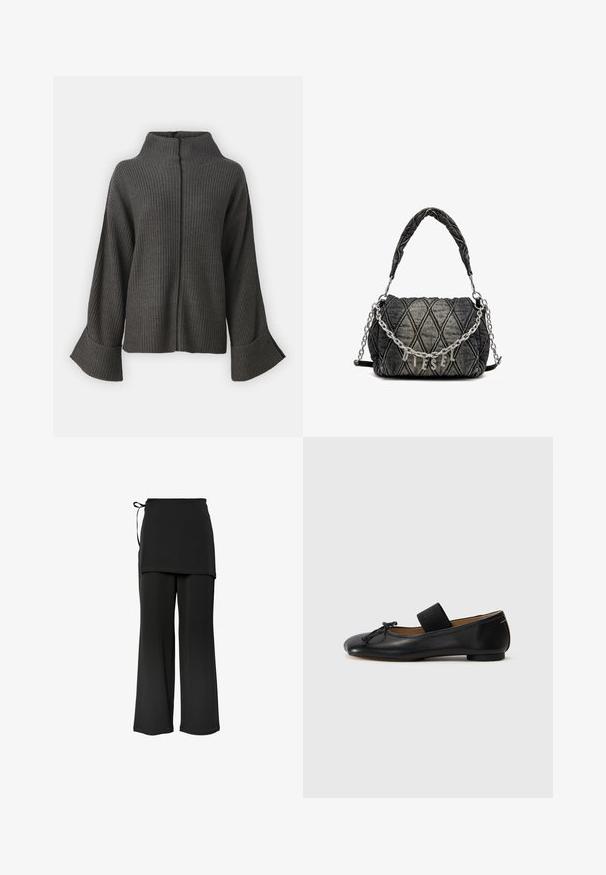 Juodas odinis švarkas su klasikine apykakle, užsegimu su spaudėmis, šoninėmis kišenėmis ir susGatherinta elastine liemene. Apsaugos ant pečių.; VILA VIVIGGA CONTRAST - Džemperis - dark grey/black; Juodos plačios kelnės su sluoksniuota konstrukcija ir šoniniu užrišimu. Pagamintos iš minkštos, lygios medžiagos, pasižyminčios paprastu, tvarkingu kirpimu.; Juodi odiniai baleto bateliai su apvalia nosimi, maža mazgo detalė ir elastinga juostelė per pėdos viršų, užtikrinanti tvirtą prigludimą. Plokšias padas.; Patalpinta džinsinio audinio rankinė tamsiai pilkos spalvos, su grandinės diržu ir metaliniu "DIESEL" logotipu. Kompaktiška, stačiakampė forma, struktūruotas paviršius.