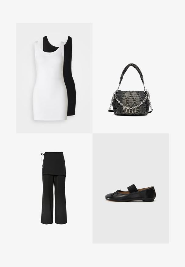 Sort læderjakke med klassisk krave, trykknaplukning, sidelommer og samlet elastisk talje. Har skulderdetaljer.; To slevet tanktoppe: én hvid og én sort, lavet af blødt, strækbart stof med en rund halsudskæring og tætsiddende design.; Sorte, vidde bukser med et lagdelt design og sidelukning. Lavet af et blødt, glat materiale med en enkel, ren skæring.; Sorte læder ballet flats med en rund tå, en lille knude detalje og et elastisk bånd over vristen for en sikker pasform. Flad sål.; Quiltet denim taske i mørkegrå, med en kædested i link og et metalisk "DIESEL"-logo. Kompakt, rektangulær form, struktureret overflade.