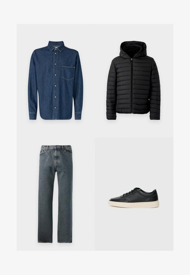 Čierna puffrová bunda s kapucňou, s prešívaným dizajnom, ľahká, s plným zipsom a elastickými manžetami pre teplo a pohodlie.; Tmavomodrá denimová košeľa s dlhými rukávmi, zapínaním na gombíky vpredu a jednou náprsné vrecko. Má klasický golier a rovný lem.; Džínsy v tmavom umývaní, so strihom rovného nohavica, decentným prešívaním a gombíkovým zapínaním s piatimi vreckami.; Čierne nízkoprevádzkové kožené tenisky s čiernymi šnúrkami a krémovou podrážkou zobrazené v bočnom profile na bielom pozadí.