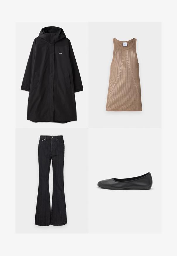 Melna ūdensnecaurlaidīga jaka ar kapuci, garām piedurknēm, sānu kabatām un priekšējo rāvējslēdzēju. Iezīmes minimālisma dizains ar zīmola logotipu uz krūtīm.; Bežs, bez piedurknēm adīts tops ar ribotu tekstūru, ar A formas griezumu un smalkiem diogonalajiem šuvju rakstiem.; Melni džinsi ar uzplēstu apakšdaļu, kuriem ir vertikālas baltas svītras, piecu kabatu dizains, augsta vidukļa izgriezums un metāla pogu aizdare.; Melna ādas baleta kurpe ar noapaļotu purngalu, gludu tekstūru, minimālu šuvju detalizāciju un elastīgu zoles dizainu.