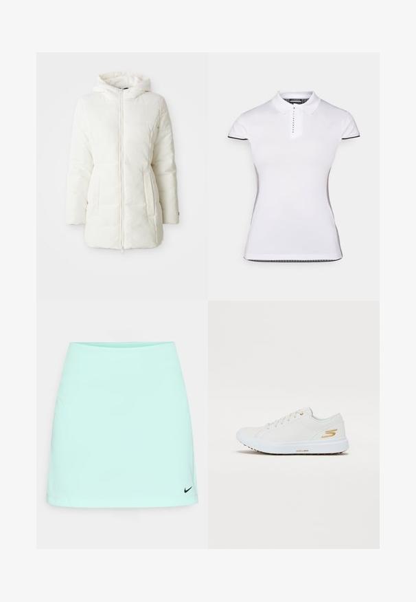 Fehér párnázott dzseki kapucnival, elülső cipzárral, oldalsó zsebekkel és sima textúrával. Egyszerű dizájn, minta nélkül.; Fehér póló rövid ujjal, gallérral és elől gombos záródással. Fekete díszítések az ujjakon és az oldalvarrásokon. Puha, sima tapintás.; Mentazöld tenisz szoknya sima textúrával, az alsó jobb sarokban fekete Nike logóval, sportteljesítményre tervezve.; Fehér sneaker sima szintetikus felsőrésszel, arany díszítéssel és masszív gumitalppal. Jellemzője a kerek orr, fűzős kialakítás és a párnázott belső.