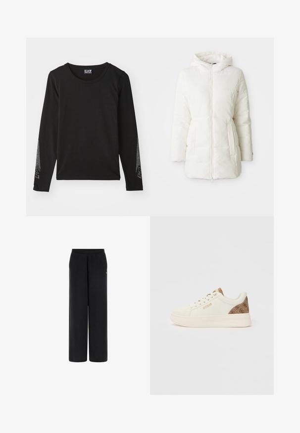 Bílá zateplená bunda s kapucí, která má přední zip, boční kapsy a hladký povrch. Jednoduchý design bez vzorů.; Černá dlouhá bunda s dlouhými rukávy vyrobená z měkkého materiálu, s kulatým výstřihem a stříbrnými ozdobami podél rukávů v gradientním vzoru.; Černé široké kalhoty vyrobené z měkkého materiálu s elastickým pasem. Obsahují malou logo ozdobu na levé straně. Hladká textura a propracovaný střih.; Nízké bílé tenisky s béžovým vzorovaným podpatkem a jazykem, zlaté logo "GUESS" na boku a bílé tkaničky na bílém pozadí.