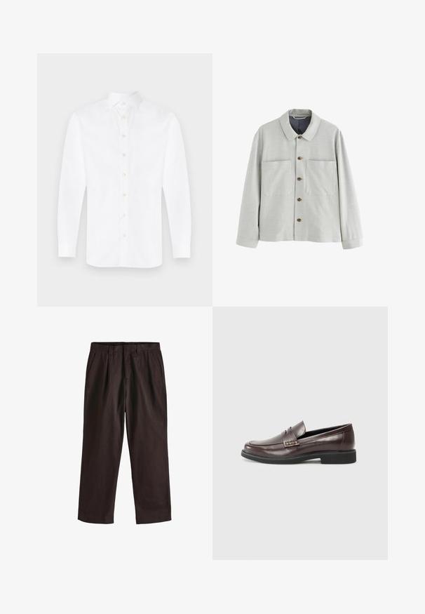 Gaiši pelēka pogām aiztaisāma jaka ar teksturētu audumu, divām priekšējām kabatām un brūnām pogām. Ir klasisks apkaklis un garas piedurknes.; Balts garām piedurknēm krekls, kas izgatavots no kokvilnas, ar klasisku apkakli un pogu priekšpusi. Tam ir astoņas gaismas krāsas pogas pateicoties plānam.; Next EDIT - REGULAR FIT - Auduma bikses - brown; Brūni ādas loaferi ar gludu apdari, ar smalku izšuvumu augšdaļā un melnu gumijas zoli.