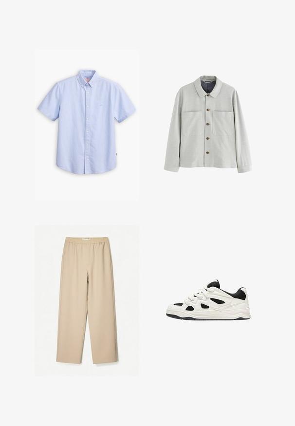 Veste boutonnée gris clair en tissu texturé, avec deux poches avant et des boutons marron. Elle présente un col classique et des manches longues.; Chemise en coton à manches courtes de couleur bleu clair, avec un col pointu, une patte de boutonnage à l'avant et un petit logo sur la poitrine.; Pantalons larges beiges avec une taille élastique, fabriqués en tissu doux, avec une texture lisse et des détails de couture minimaux.; Des chaussures de sport blanches et noires avec une semelle texturée, présentant des découpes sur les côtés et des lacets, ainsi qu'un dos rembourré pour le soutien.