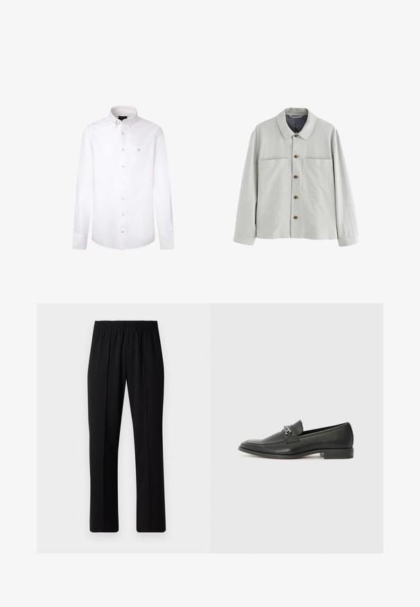 Hellgraue Hemdjacket mit strukturierter Stoffoberfläche, zwei Vordertaschen und braunen Knöpfen. Verfügt über einen klassischen Kragen und lange Ärmel.; Weißes Langarmhemd aus Baumwolle. Verfügt über einen klassischen Button-Down-Kragen, vordere Knöpfe und ein kleines blaues Logo auf der linken Brust.; Schwarze, Gummibund-Hosen mit geradem Schnitt, die eine glatte Textur aufweisen und keine sichtbaren Muster oder Beschläge haben.; Schwarzer Lederloafer mit glatter Oberfläche, ausgestattet mit einer gesteppten Gestaltung und einem dekorativen Metallkettendetail über dem Vorderblatt. Flacher Absatz.