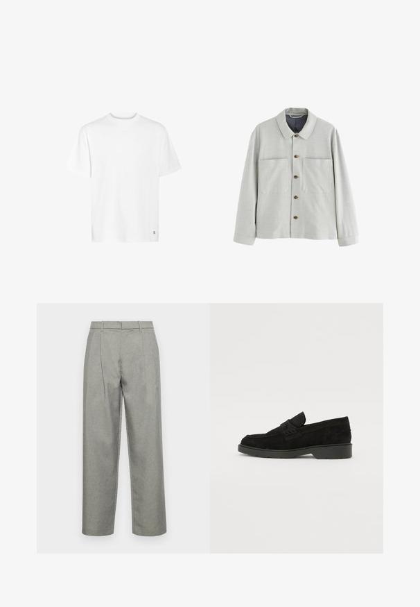 Šviesiai pilka marškinio tipo striukė su tekstūruota audinių, dvi priekinės kišenės ir rudi mygtukai. Turi klasikinį apykaklę ir ilgus rankovius.; Balta medvilnės marškinėliai su apvaliu iškirpimu, trumpomis rankovėmis ir tiesiu apvadu. Savybėje yra mažas logotipo detalė apatiniame kampe.; Pilkos pritaikytos kelnės, pagamintos iš tekstūruoto audinio, su tiesiais keliamos dizainu, priekinėmis klostėmis ir standartiniu juosmeniu su diržo kilpomis.; Juodos suedes loafers su žemu kulnu, su paprasta juosta viršuje ir tekstūruota apdaila šonuose.