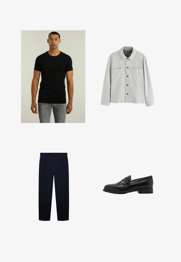 Lysegrå skjortejakke med tekstureret stof, to frontlommer og brune knapper. Har en klassisk krave og lange ærmer.; Sort kortærmet T-shirt med rund hals og et diskret struktureret logo på brystet; parret med lysegrå jeans. Enkel design.; Marineblå, flade bukser lavet af letvægtsstof med en glat tekstur; har en knaplukning og to sidelommer.; Sorte læder loafers med en syet front og flad hæl. Glat tekstur med en afrundet tå og en dekorativ rem hen over vristen.