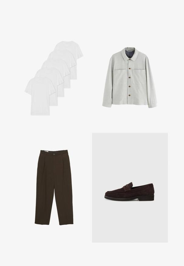 Giacca leggera grigio chiaro con tessuto strutturato, due tasche frontali e bottoni marroni. Presenta un colletto classico e maniche lunghe.; Sei t-shirt bianche in cotone con maniche corte e scolli tondi disposte in fila, caratterizzate da una texture liscia e senza motivi visibili.; Pantaloni sartoriali marrone scuro con pinces frontali, passanti per cintura e chiusura a bottone in vita.; Mocassini in suede marrone con profilo basso e punta arrotondata. Presentano una fascia decorativa sulla parte superiore, suola piatta in gomma e nessuna cucitura visibile.