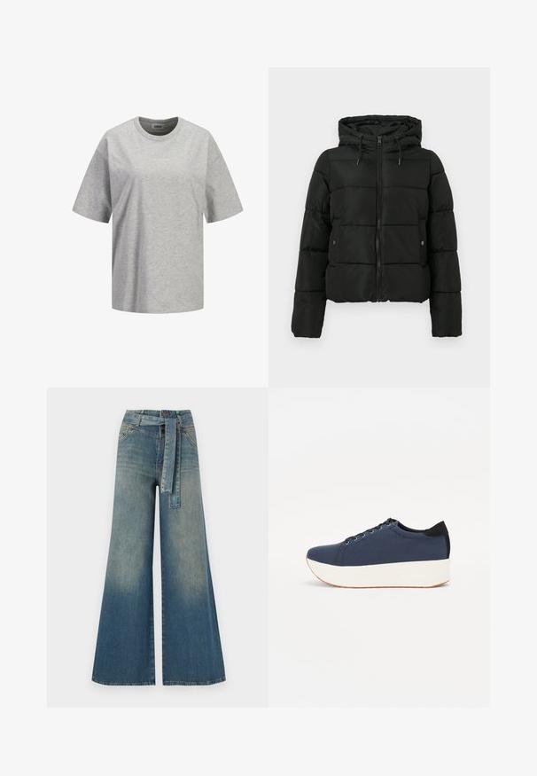 Juodas pūkinis švarkas su trumpa dizaino, su gobtuvu, užtrauktuku, siuvinėtu paviršiumi ir metaliniais akcentais ant užtrauktuko ir kišenių.; Pilkas medvilninis marškinėliai su trumpomis rankovėmis, apvaliu iškirpimu ir mažu baltu logotipo tekstu "JJXX STUDIO" priekyje, vientisas tekstūra.; Platus džinsinis kelnes su šviesiai tamsiai mėlynu gradientu, aukštu juosmeniu, diržo kilpomis ir atitinkančiu audinio diržu. Textūruotas džinsinis paviršius.; Tamsiai mėlynas sportinis batelis su tekstūruotu audiniu viršuje, baltu platformos padu, apvaliu pirštu ir juodu kulno akcentu.š. Yra šešios skylės raišteliams.