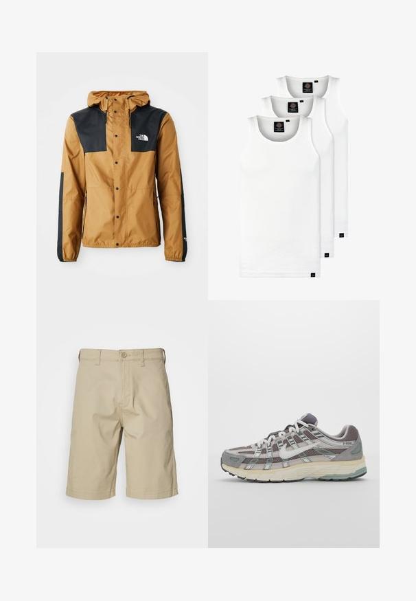 Vandafvisende brun jakke med sorte skuldre, trykknaplukning, justerbar hætte og logo på venstre bryst og ærme.; Tre hvide ribbede tanktops lavet af bomuld. Har en rund hals og små sorte mærker nær sømmen. Fås i flere størrelser.; Beige bomuldsbukser med lige snit, knaplukning, bæltestropper og to sidelommer. Glat tekstur og knælængde design.; Grå sportssko med overdel i mesh og ruskind, hvide accenter, en polstret sål og et særpræget design med reflekterende elementer.