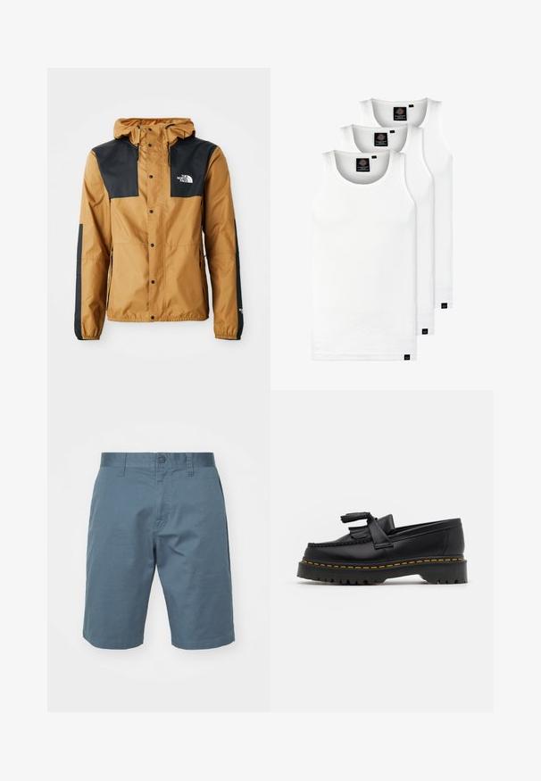 Giacca marrone resistente all'acqua con spalle nere, chiusura a scatto, cappuccio regolabile e logo sul lato sinistro del petto e sulla manica.; Tre canotte bianche a coste in cotone. Presentano un colletto rotondo e piccole etichette nere vicino all'orlo. Disponibile in diverse taglie.; Pantaloni blu di cotone con chiusura a bottone, passanti per la cintura e tasche laterali. Texture liscia con una vestibilità comoda, che arriva sopra il ginocchio.; Mocassino in pelle nera con un'accento a frange, dotato di una suola nera spessa e cuciture gialle lungo il bordo. Finitura testurizzata.