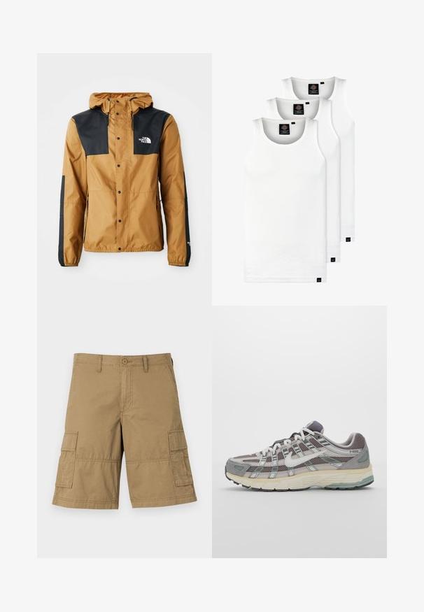 Waterdichte bruine jas met zwarte schouders, drukknopen, verstelbare capuchon en logo op de linkerborst en mouw.; Drie witte geribde tanktops van katoen. Kenmerken zijn een ronde hals en kleine zwarte labels nabij de zoom. Verkrijgbaar in meerdere maten.; Kango shorts van khaki stof met een rechte snit, voorzien van twee zijzakken en een knoopsluiting in de taille. Soepele textuur overal.; Grijze sportieve schoen met een bovenwerk van mesh en suede, witte accenten, een gevoerde zool en een onderscheidend ontwerp met reflecterende elementen.
