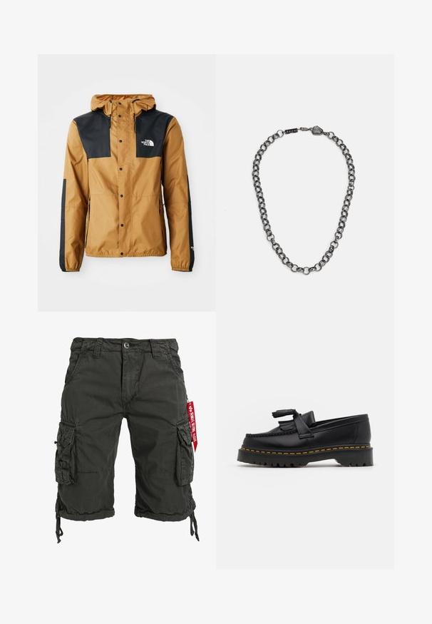 Jaqueta castanha resistente à água com ombros pretos, fecho de botão, capuz ajustável e logótipo no lado esquerdo do peito e na manga.; Três tops em algodão de alças brancas com nervuras. Apresentam um decote redondo e pequenas etiquetas pretas perto da bainha. Disponíveis em vários tamanhos.; Calções cargo verde escuro feitos de um tecido durável, com vários bolsos laterais, um cordão na bainha e um detalhe em etiqueta vermelha.; Mocassim de couro preto com um detalhe de franjas, apresentando uma sola preta robusta e costura amarela ao longo da borda. Acabamento texturizado.; Colar de corrente em metal com elos alongados na cor gunmetal escuro. Apresenta um detalhe geométrico e fecho com logótipo.