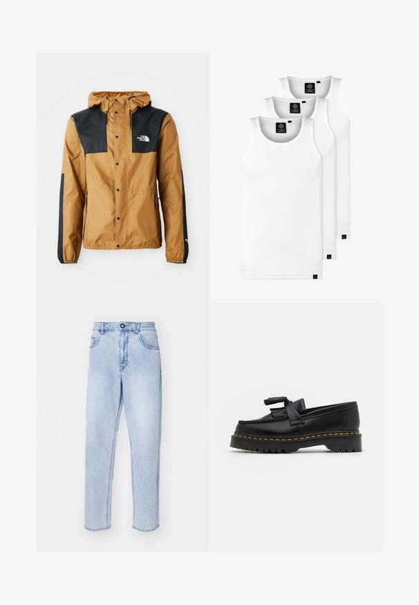 Chaqueta marrón impermeable con hombros negros, cierre a presión, capucha ajustable y logo en el pecho izquierdo y la manga.; Tres camisetas sin mangas de algodón de color blanco con canalé. Cuentan con cuello redondo y pequeñas etiquetas negras cerca del dobladillo. Disponibles en múltiples tamaños.; Vaqueros de mezclilla de color azul claro con corte recto, que presentan un cierre de botones, bolsillos laterales y un dobladillo limpio sin adornos.; Mocasín de cuero negro con un acento de borlas, que presenta una suela gruesa negra y costuras amarillas a lo largo del borde. Acabado texturizado.