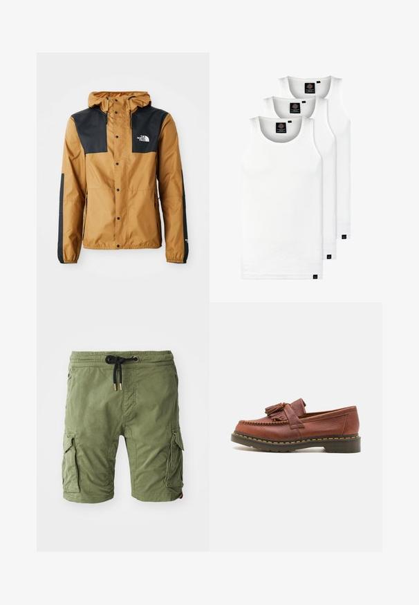 Vannavstøtende brun jakke med sorte skuldre, trykknapp-lukking, justerbar hette, og logo på venstre bryst og arm.; Tre hvite ribbestrikkede tank topper laget av bomull. Har en rund hals og små svarte etiketter nær kanten. Tilgjengelig i flere størrelser.; Oliven grønne bomull cargo shorts med sidelommer, snor i livet med gullhardware og en myk, teksturert finish.; Brune lærmokassin med frynser, teksturert overflate og kontrastfylt gul søm langs den svarte gummisålen. Sideutsikt.