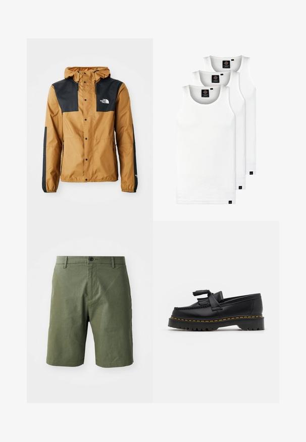 Veekindel pruun jakk mustade õlgadega, nööbiga sulgemine, reguleeritav kapuuts ning logo vasakul rinnal ja varrukal.; Kolm valget ribaga t-särki, mis on valmistatud puuvillast. Omavad ümmargust kaelanõhku ja väikseid musti silte hemme lähedal. Saadaval erinevates suurustes.; Õlivärvi lühikesed püksid, mis on valmistatud kerge kangaga, tasase esiosa, vöölõhikute ja ühe nööbiga kinnitusega vööl.; Mustmust musta loafer, millel on frantsiisi aktsent, paks must tald ja kollane õmblus servas. Tekstuuriga viimistlus.