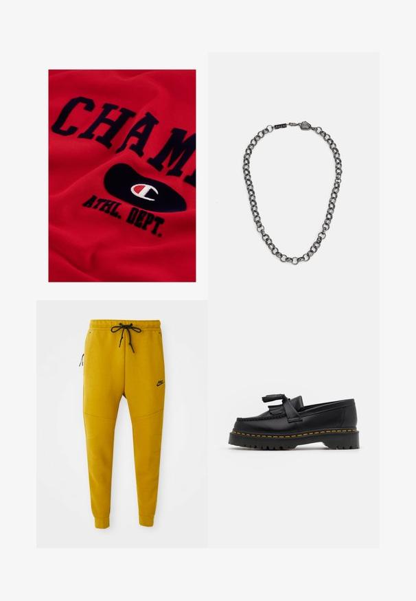 Vedenkestävä ruskea takki mustilla hartioilla, napillinen sulku, säädettävä huppu ja logo vasemmassa rinnassa ja hihassa.; Punainen puuvillaneule, jossa on suuri tummansininen teksti "CHAMP" ja "ATHL. DEPT.", mustassa soikeassa logossa, joka sisältää valkoisen ja punaisen embleemin.; Nike-housut eläväisessä sinapinkeltaisessa värissä, valmistettu pehmeästä kankaasta. Varusteena elastinen vyötärö, jossa on naru, sivu vetoketjulliset taskut ja kapenevat lahkeet.; Musta nahkakengät, joissa on tupsuakkentti, paksu musta pohja ja keltainen ommel reunassa. Rakeinen pinta.; Metallinen ketjun kaulaketju, jossa on pitkänomaisia linkkejä tummassa metallinvärisessä sävyssä. Sisältää geometrisen koristeen ja klipsin, jossa on brändäysdetalji.