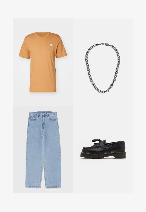 Jaqueta castanha resistente à água com ombros pretos, fecho de botão, capuz ajustável e logótipo no lado esquerdo do peito e na manga.; Nike Sportswear CLUB TEE - T-shirt básica - flax; Jeans de denim azul claro com design de perna reta, apresentando uma cintura de altura média, cinco bolsos e um fecho de botão e zíper.; Mocassim de couro preto com um detalhe de franjas, apresentando uma sola preta robusta e costura amarela ao longo da borda. Acabamento texturizado.; Colar de corrente em metal com elos alongados na cor gunmetal escuro. Apresenta um detalhe geométrico e fecho com logótipo.