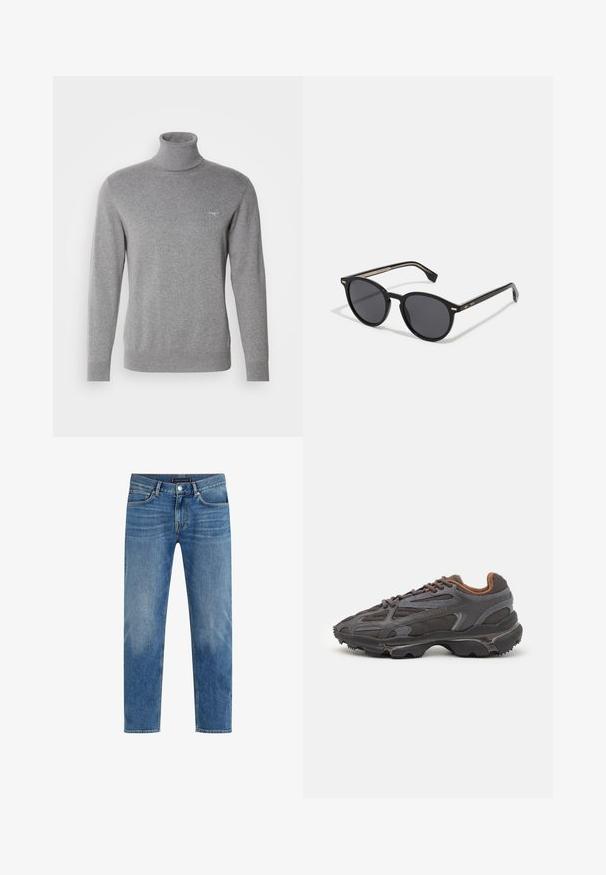 Czarna kurtka puchowa z zamkiem z przodu, kapturem, pikowanym wzorem i elastycznymi mankietami. Zawiera małe zielone logo Lacoste na piersi.; GANT - Sweter; Jasnoniebieskie dżinsy z prostymi nogawkami, z przetartym wykończeniem, pięcioma kieszeniami, kontrastowymi szwami oraz zapięciem na guzik z przodu.; Sneakers Lacoste w ciemnoszarym kolorze, wykonane z siateczki i materiału syntetycznego, z teksturowaną podeszwą oraz brązowymi akcentami na kołnierzu i logotypie.; BOSS Okulary przeciwsłoneczne