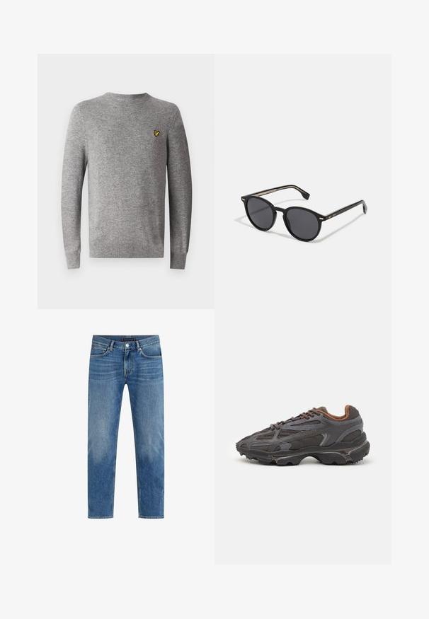 Zwarte pufferjack met een ritssluiting aan de voorkant, capuchon, een gewatteerd patroon en elastische manchetten. Heeft een klein groen Lacoste-logo op de borst.; Grijze gebreide trui met een ronde halslijn en lange mouwen. Heeft een klein geel logo op de linkerkant van de borst. Zachte textuur.; Lichtblauwe denim jeans met een rechte pijpdesign, vervaagde wassing, vijfzakkenstijl, contrasterende stiksels en een frontale knoopsluiting.; Lacoste sneakers in donkergrijs van mesh en synthetisch materiaal, met een gestructureerde zool en bruine accenten op de kraag en branding.; BOSS Zonnebril - black