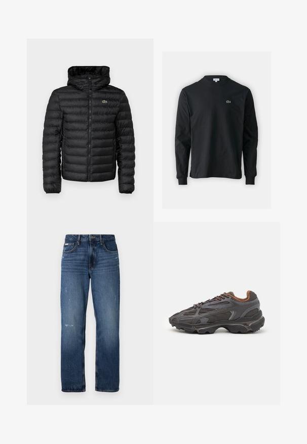 Must mustsin jope, millel on näoosa tõmblukk, kapuuts, tikitud muster ja elastsed varrukaotsad. Rinnas on väike roheline Lacoste logo.; Must musta särk pikad varrukad, valmistatud puuvillast, ümar kaelus ja vasakul rinnal väike rohelise värvi tikandiga krokodillilogoga.; Sinine denimist valmistatud sirge jala disainiga teksad. Esiosal on pleekinud alad ja kerge kulumine, klassikaline nupplukuga.; Tumed hallid Lacoste tossud, mis on valmistatud võrkkangast ja sünteetilisest materjalist, omavad tekstureeritud talla ning pruune aktsente kaeluse ja brändingu juures.