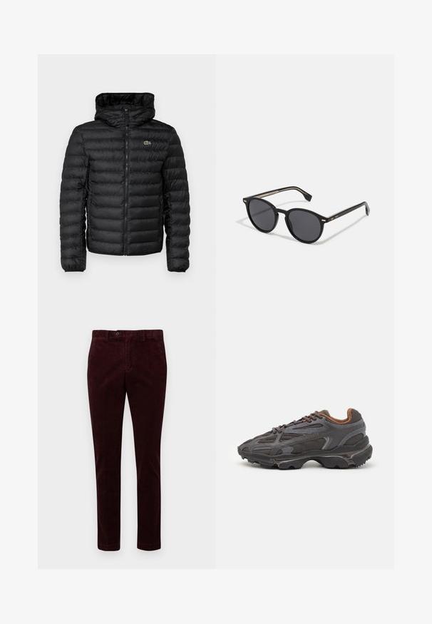 Black puffer jacket with a zip front, hood, quilted pattern, and elasticized cuffs. Features a small green Lacoste logo on the chest.; Red cotton t-shirt with short sleeves, crew neck, and a small logo on the left chest. Smooth texture and regular fit.; Burgundy corduroy trousers with a straight-leg design, featuring a button closure and a smooth texture, displayed against a white background.; Lacoste sneakers in dark gray with mesh and synthetic material, featuring a textured sole and brown accents on the collar and branding.; BOSS Sunglasses - black