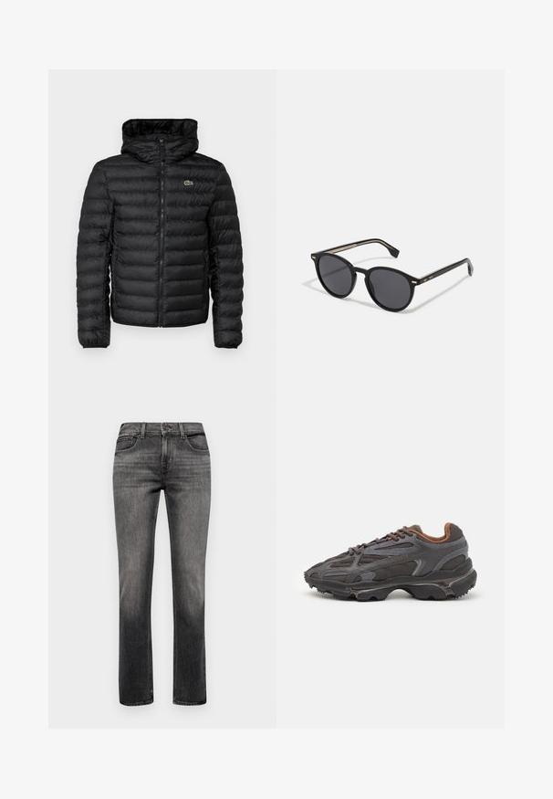 Zwarte pufferjack met een ritssluiting aan de voorkant, capuchon, een gewatteerd patroon en elastische manchetten. Heeft een klein groen Lacoste-logo op de borst.; Rode katoenen T-shirt met korte mouwen, ronde hals en een klein logo op de linkerborst. Gladde textuur en normale pasvorm.; 7 for all mankind CHECK OFF - Slim fit jeans - grey; Lacoste sneakers in donkergrijs van mesh en synthetisch materiaal, met een gestructureerde zool en bruine accenten op de kraag en branding.; BOSS Zonnebril - black