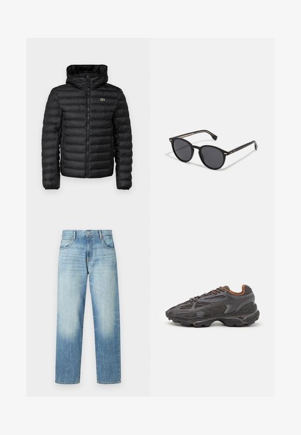 Fekete puffertarka dzseki cipzárral elöl, kapucnival, steppelt mintával és rugalmas mandzsettákkal. Az elején egy kis zöld Lacoste-logó található.; Piros pamut póló rövid ujjakkal, kerek nyakkal, és egy kis logóval a bal mellen. Simább textúra és normál fazon.; Világoskék farmernadrág egyenes lábbal, enyhe kopással, öt zsebbel és gombos záródással. Közepes derékmagasság.; Sötét szürke Lacoste sportcipők hálós és szintetikus anyagból, textúrázott talppal és barna díszítésekkel a nyak részen és a logón.; BOSS Napszemüvegek - black