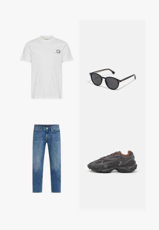 Sort pufferjakke med lynlås foran, hætte, quiltet mønster og elastiske manchetter. Har et lille grønt Lacoste-logo på brystet.; Hvid bomuld T-shirt med rund hals og korte ærmer. Har et marineblåt grafisk logo og tekst på venstre brystområde.; Lysblå denimjeans med lige ben, falmet vask, fem-lomme design, kontraststikning og lukning med knap foran.; Lacoste sneakers i mørkegrå med mesh og syntetisk materiale, udstyret med en tekstureret sål og brune accenter på kraven og brandingen.; BOSS Solbriller - black