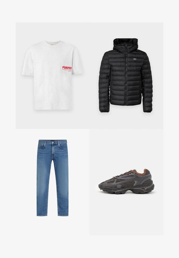 Sort pufferjakke med lynlås foran, hætte, quiltet mønster og elastiske manchetter. Har et lille grønt Lacoste-logo på brystet.; Grå bomulds t-shirt med korte ærmer og rund halsudskæring. Har rød tekst "POMPEII" og "We Champion Walking (Madrid)" på venstre bryst.; Blå straight-leg denimjeans med fem lommer, knap og lynlås lukning, og subtil falming på lårene.; Lacoste sneakers i mørkegrå med mesh og syntetisk materiale, udstyret med en tekstureret sål og brune accenter på kraven og brandingen.