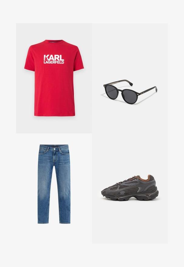 Svart pufferjakke med glidelås foran, hette, kviltet mønster og elastiske mansjetter. Har en liten grønn Lacoste-logo på brystet.; Rød bomullst-skjorte med kort erme og rund hals, med et stort hvitt logo-print av "KARL LAGERFELD" på forsiden.; Lyse blå denimjeans med rett ben-design, falmet vask, fem-lomme stil, kontrasterende søm og front knappelukking.; Lacoste-sneakers i mørkegrått med mesh- og syntetisk materiale, med en teksturert såle og brune detaljer på kragen og merket.; BOSS Solbriller - black