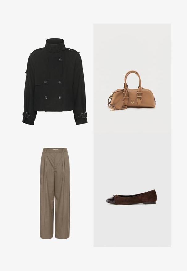Czarna krótka kurtka wykonana z fakturowanej tkaniny, z wysokim kołnierzem, podwójnym zapięciem oraz zapięciami na klamry na rękawach.; Czarny bezrękawnik z golfem, wykonany z miękkiego materiału, z dopasowanym krojem i g gładką fakturą, z wysokim kołnierzem i czystymi krawędziami.; Spodnie w kant o szerokich nogawkach w jasnobrązowym materiale, z wyraźnym pasem oraz gładką fakturą, zaprojektowane z myślą o komforcie i wszechstronności.; Brązowe zamszowe balleriny z błyszczącą ciemnobrązową skórzaną czubkiem oraz małą kokardką z przodu. Płaski obcas.; Torebka skórzana w kolorze tan, o zaokrąglonym kształcie, z złotymi akcentami, podwójnymi uchwytami u góry i odczepianym paskiem na ramię. Posiada szczegół z logo.; Kolczyki w kształcie łezki z perłami, o polerowanej powierzchni, z srebrnym zapięciem na lever back oraz okrągłymi, białymi perłami. Prosty, klasyczny design.