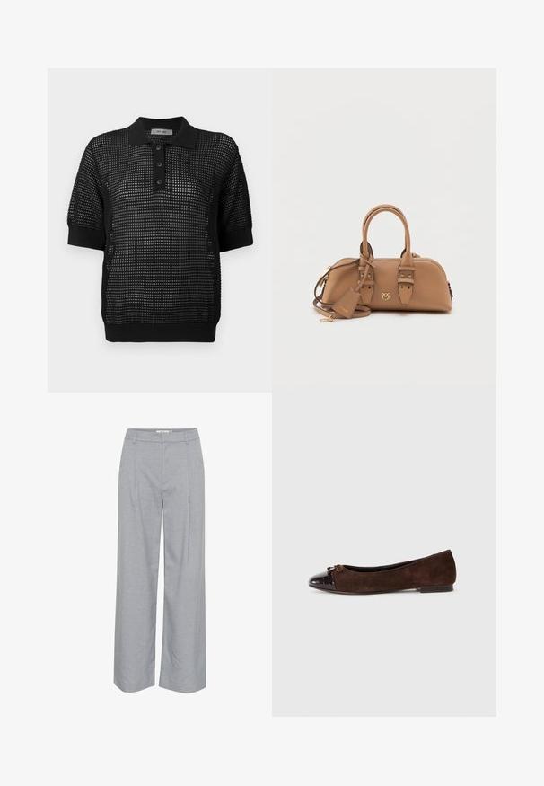 Musta lyhyt takki, joka on valmistettu tekstuurikankaasta, ja jossa on korkea kaulus, kaksirivinen rakenne ja solkikoristukset hihoissa.; Mustan lyhythihaisen paidan, jossa on teksturoitu verkkomuotoilu, kolme nappia kauluksessa ja resorit hihoissa sekä helmassa.; Vaaleanharmaat, leveät housut, joissa on sileä pinta, etupuolella laskokset ja litteä vyötärö. Minimalistinen muotoilu, ei näkyvää metalliosaa.; Valkoiset mokkanahkakengät, joissa on kiiltävä tummanruskea lakattu varvaskappale ja pieni nauha koristeluna edessä. Litteä korko.; Tan nahkalaukku, jossa on pyöreä muoto, kultaiset yksityiskohdat, kaksoishuopakahvat ja irrotettava olkahihna. Varustettu logotiedolla.; Korvakorut, joissa on helmi, kiillotettu pinta, hopeanväriset vipuvarret ja pyöreät valkoiset helmet. Yksinkertainen, klassinen muotoilu.