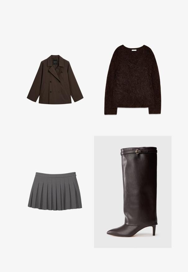 Brązowa dwurzędowa kurtka z szerokimi klapami i dwiema przednimi kieszeniami. Wykonana z gładkiego materiału z czarnymi guzikami. Casualowy, luźny krój.; Brązowy sweter dzianinowy z dekoltem w serek, długimi rękawami i miękką, puszystą fakturą. Projekt jest w dużym rozmiarze z luźnym krojem i minimalnym wykończeniem.; Szara plisowana mini spódniczka z zapinanym pasem i małym logo po prawej stronie.; Czarne skórzane kozaki do kolan z ostrym noskiem i smukłym obcasem. Posiadają złożoną górę z akcentem w postaci złotej klamry. Gładka faktura.
