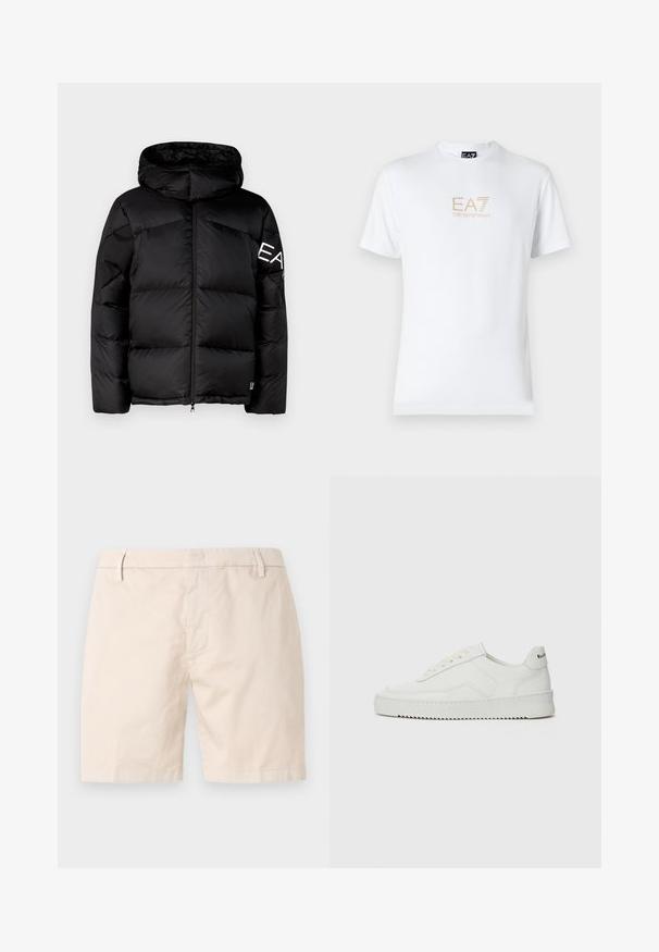 Czarna kurtka puchowa z kapturem, pikowany design, zamek błyskawiczny z przodu oraz duże logo na lewym rękawie; gładka tekstura i izolowana wyściółka.; Biała bawełniana koszulka z okrągłym dekoltem i krótkimi rękawami, z nadrukowanym z przodu złotym logo EA7 Emporio Armani.; Beżowe bawełniane szorty o prostym kroju, z zapięciem na guzik, paskiem i bocznymi kieszeniami. Gładka struktura i prosty design.; Białe skórzane sneakersy o gładkim wykończeniu, okrągłym nosku, płaskich sznurówkach i teksturowanej podeszwie. Charakteryzują się delikatnym logo na pięcie.