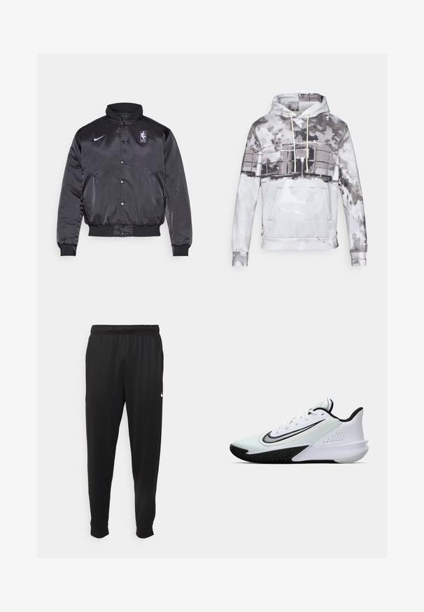 Svart satin bomberjakke med høy krage, trykknapplukking, NBA-logo og Nike-swoosh i lilla. Ribbede mansjetter og hem er synlige.; Hettegenser i myk stoff, med et akvarellmønster i nyanser av grått og hvitt. Inkluderer en frontlomme og snor.; Svarte treningsbukser laget av glatt stoff, med elastisk midje, smale ben og en liten hvit logo på venstre side.; Hvit og svart lavtopp athletisk sko med snørebånd og en stor svart swoosh-logo på siden, vist fra utsiden.