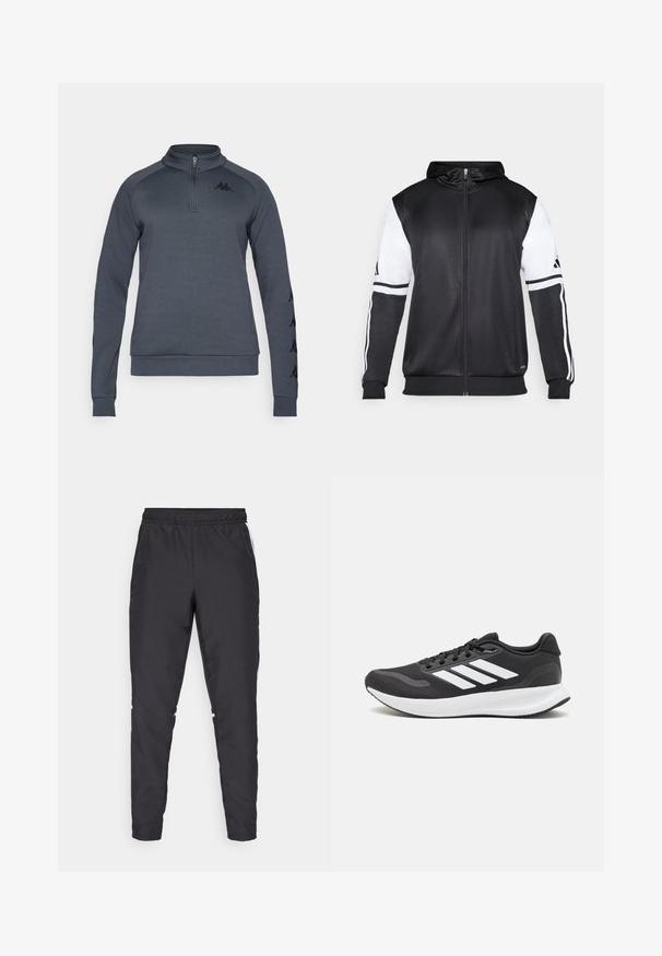 Black zip-up hoodie featuring white sleeves and three white stripes along the arms. Made from a smooth, lightweight fabric. Hoodie design included.; Dark gray pullover sweatshirt with a quarter zip, ribbed cuffs, and black logo on the chest. Smooth texture and sporty design.; Black athletic pants with an elastic waistband, tapered legs, and white side accents. Made of synthetic material with a smooth texture.; Black athletic shoe with breathable mesh upper, white accents, and a cushioned sole. Features three stripes logo on the side.