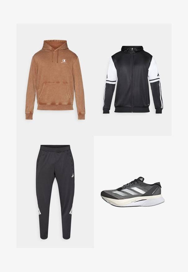 Black zip-up hoodie featuring white sleeves and three white stripes along the arms. Made from a smooth, lightweight fabric. Hoodie design included.; Brown hoodie made of soft fabric, featuring a kangaroo pocket, adjustable drawstring hood, and a small white logo on the chest.; Black athletic pants with tapered legs, elastic waistband, side pockets, and white logo and stripes detailing. Made from a smooth, lightweight material.; Black and white athletic shoe with a mesh upper, features three white stripes, a prominent sole labeled "LIGHTSTRIKE PRO," and a streamlined design.