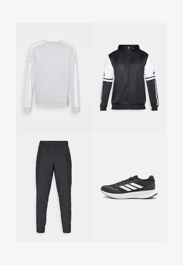 Sweatshirt preto com fecho, apresentando mangas brancas e três riscas brancas ao longo dos braços. Feito de um tecido suave e leve. Design do capuz incluído.; Sweatshirt cinza claro com mangas longas, gola redonda e riscas verticais brancas nos ombros. Textura suave e design casual.; Calças atléticas pretas com um cós elástico, pernas ajustadas e acentos brancos nas laterais. Feitas de material sintético com uma textura suave.; Shoe de atletismo preto com parte superior em malha respirável, detalhes brancos e sola almofadada. Apresenta o logotipo das três riscas na lateral.