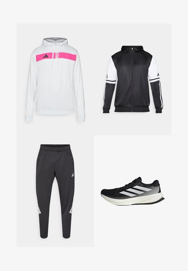 Black zip-up hoodie featuring white sleeves and three white stripes along the arms. Made from a smooth, lightweight fabric. Hoodie design included.; White hoodie featuring a pink horizontal stripe across the chest, black logo on the left side, drawstring hood, and fitted cuffs.; Black athletic pants with tapered legs, elastic waistband, side pockets, and white logo and stripes detailing. Made from a smooth, lightweight material.; Black athletic shoe with a mesh design, featuring white stripes, a rounded toe, and a textured sole for grip and support.