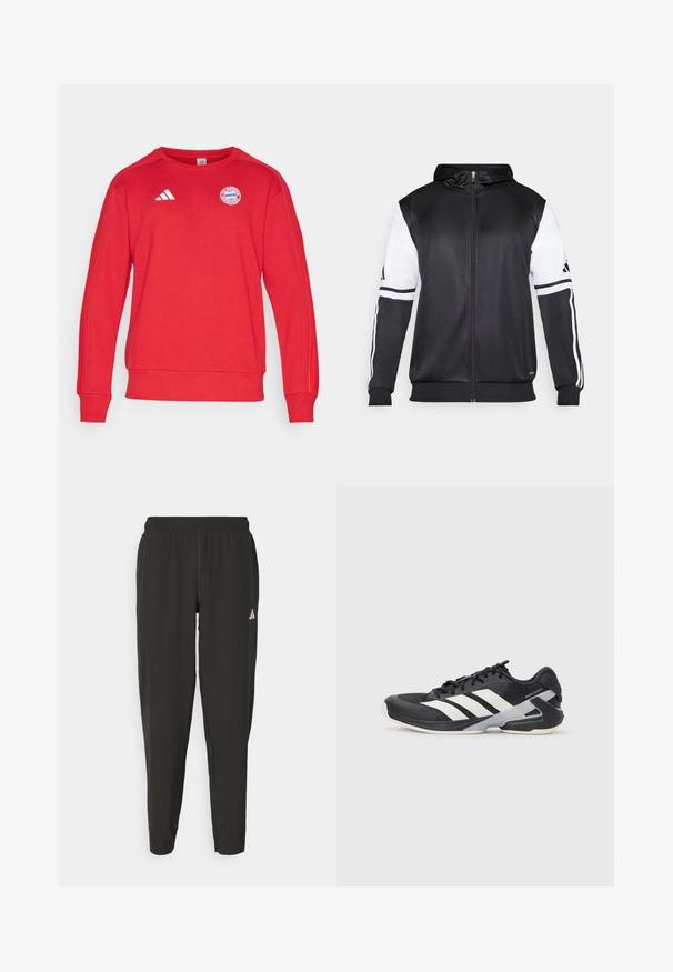 Čierna mikina s kapucňou na zips s bielymi rukávmi a tromi bielymi pruhmi pozdĺž rúk. Vyrobená z hladkej, ľahkej tkaniny. Design mikiny je zahrnutý.; Červená mikina s kapucňou s dizajnom Adidas s tromi pruhmi, okrúhlym výstrihom, rebrovanými manžetami a logom FC Bayern München na hrudi. Mäkká textúra látky.; Čierne športové nohavice s elastickým pásom, úzkeho strihu a bielym logom na ľavej nohe. Hladká, ľahká tkanina.; Čierna športová obuv s bielymi pruhmi, sieťovinový zvršok, zaoblená špička a polstrovaná podrážka. Obsahuje štruktúrovaný opätok a bezpečný systém šnurovania.