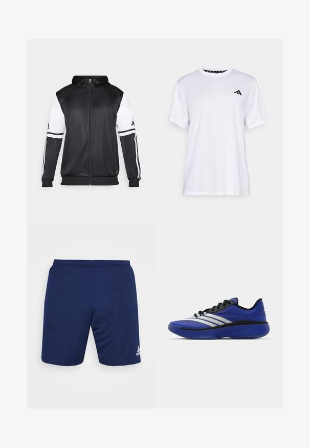 Svart hettegenser med glidelås som har hvite ermer og tre hvite striper langs armene. Laget av et glatt, lett stoff. Designet inkluderer hettegenseren.; Hvit trenings T-skjorte med korte ermer, laget av fukttransporterende stoff. Har en svart logo på venstre bryst og et mønstrete innvendig halsåpning.; Marine treningsshorts laget av pustende stoff. Har en elastisk midje og Adidas-logoen i hvitt nederst til høyre.; adidas Performance ADIZERO SELECT 3.0 - Basketballsko - lucid blue/core black/metallic